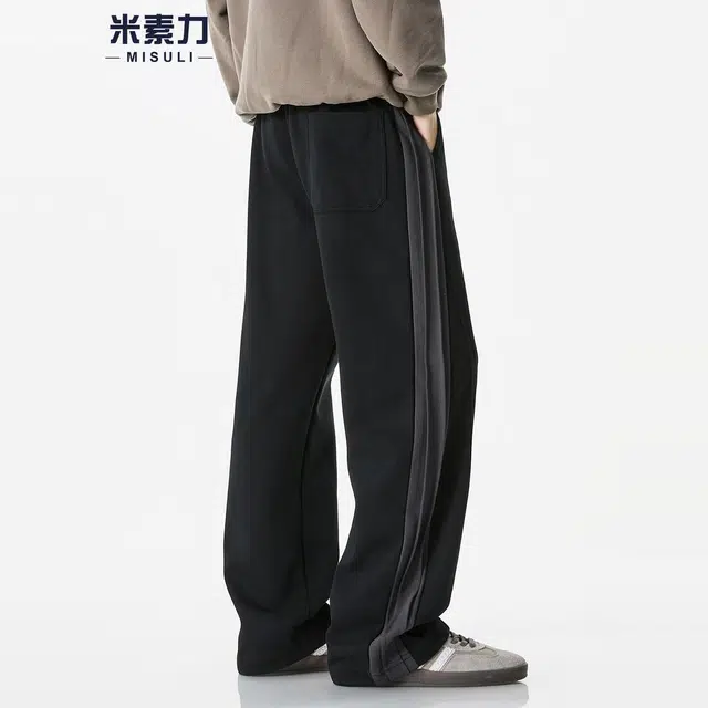 米素力 宽松抽绳松紧腰条纹中腰长裤休闲裤 男女同款