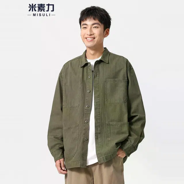 米素力 复古翻领时尚纯色落肩袖长袖衬衫 男女同款