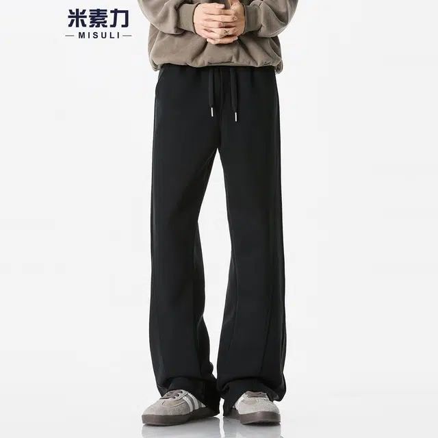 米素力 宽松抽绳松紧腰条纹中腰长裤休闲裤 男女同款