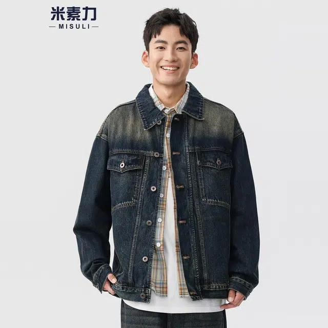 米素力 重工解构男士渐变落肩袖长袖翻领宽松型牛仔外套 男女同款