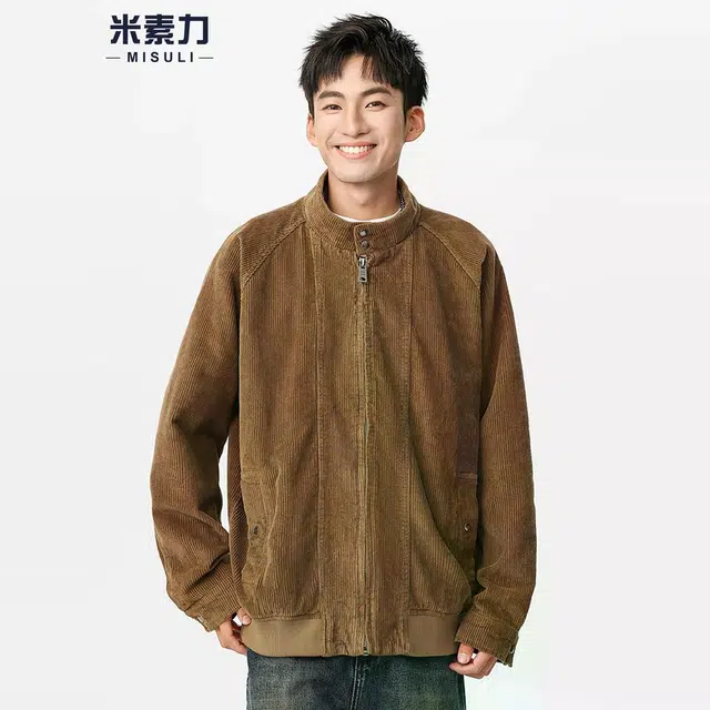 米素力 灯芯绒立领秋季拼色落肩袖宽松型美式夹克 男款