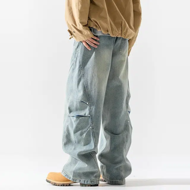 杜克恩 美式水洗做旧弯刀裤秋季高街潮流复古拼接解构宽松阔腿工装牛仔裤 男款