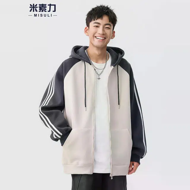 米素力 拼色连帽爆款插肩袖运动风开衫卫衣 男女同款
