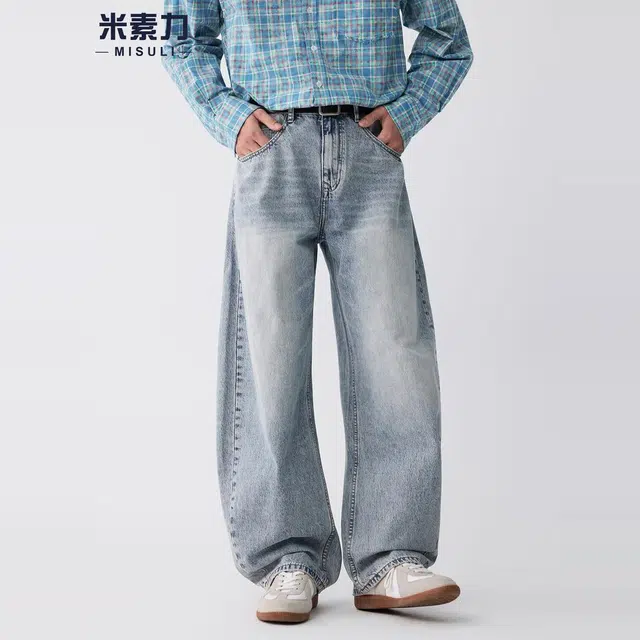 米素力 水洗做旧男士直筒纯色宽松休闲中腰牛仔裤 男女同款