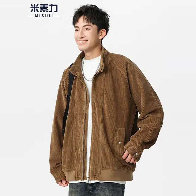 米素力 灯芯绒立领秋季拼色落肩袖宽松型美式夹克 男款