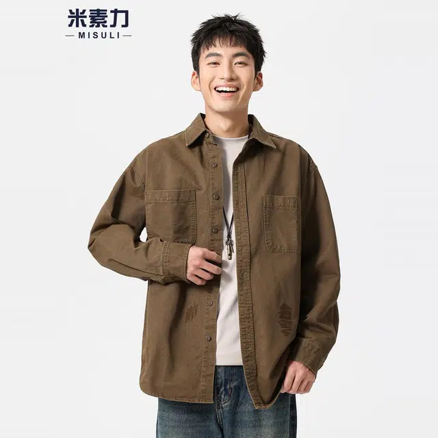 米素力 复古翻领长袖刺绣落肩袖休闲风衬衫 男女同款