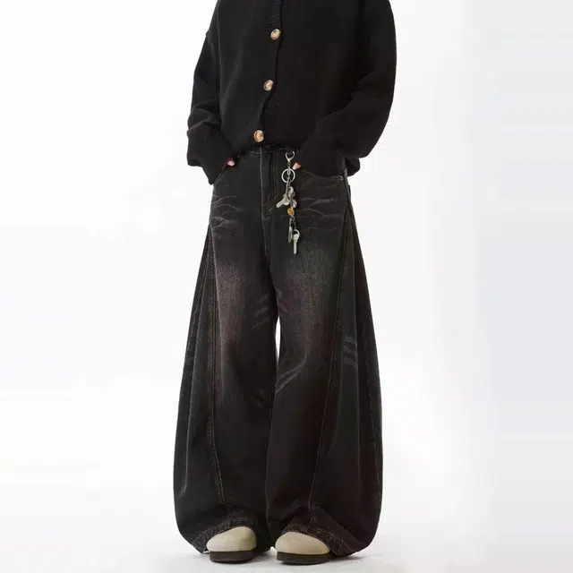 邦固依品 美式复古猫须水洗弯刀男女宽松阔腿垂感做旧拖地长裤子牛仔裤 男款