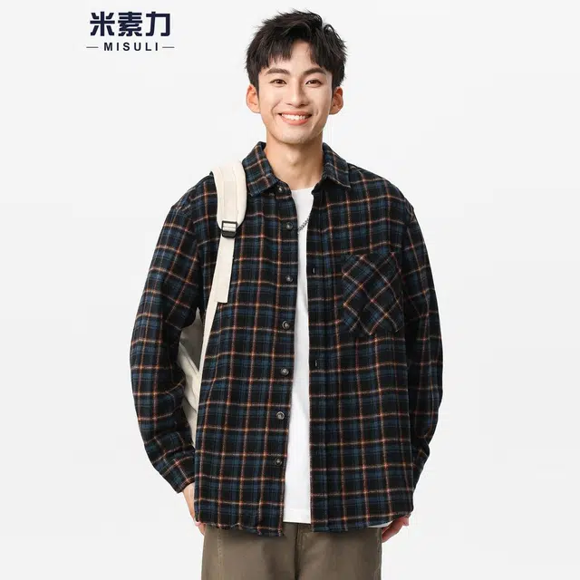 米素力 磨毛格子秋季落肩袖长袖通勤风衬衫 男女同款