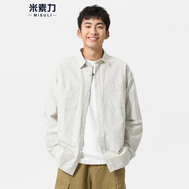 米素力 条纹长袖潮衬衫 男女同款