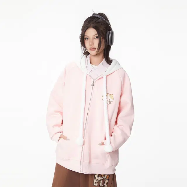 轻迎 法式可爱卡通长袖连帽拉链开衫外套卫衣 女款