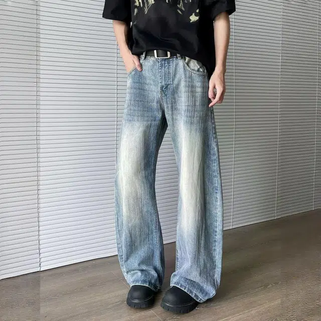 地界二 美式高街水洗竹节纹弯刀男百搭宽松复古廓形阔腿长裤水洗竹节纹弯刀宽松潮流中低腰长裤牛仔裤 男款