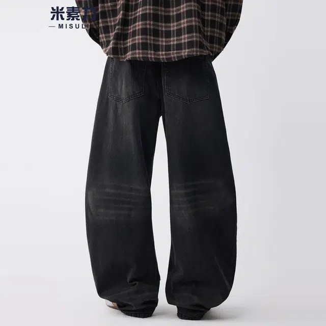 米素力 复古高街纯色宽松休闲中腰牛仔裤 男女同款