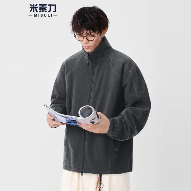 米素力 立领简约休闲几何落肩袖潮开衫夹克 男款