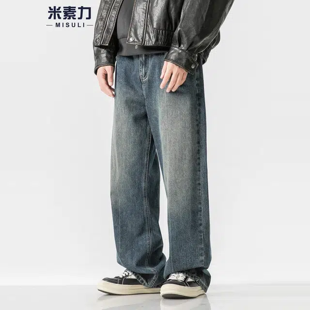 米素力 复古水洗日系直筒休闲中腰牛仔裤 男女同款