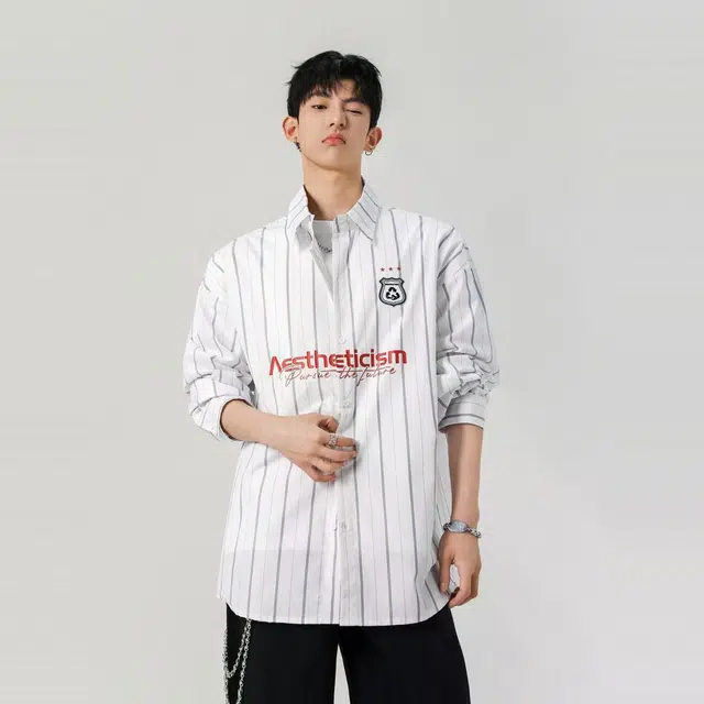 地界二 潮牌美式字母印花条纹长袖秋季宽松情侣外穿衬衣衬衫 男款