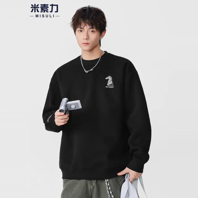 米素力 简约纯色圆领刺绣落肩袖潮套头卫衣 男女同款