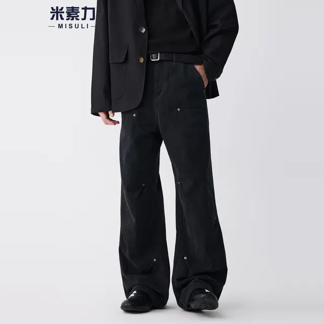 米素力 纯棉高级感潮牌纯色宽松工装中腰牛仔裤 男女同款