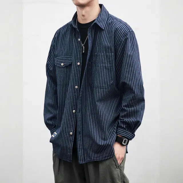 邦固依品 加大码春秋季长袖男日系复古休闲条纹衬衣青少年宽松上衣外套衬衫 男款