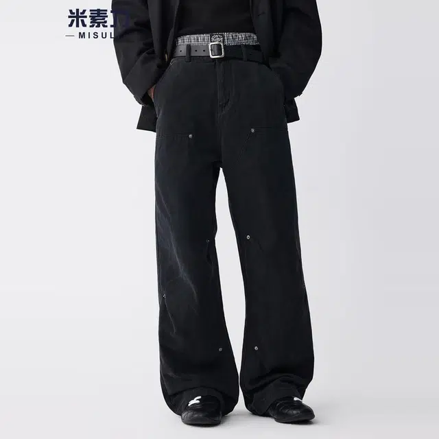 米素力 纯棉高级感潮牌纯色宽松工装中腰牛仔裤 男女同款