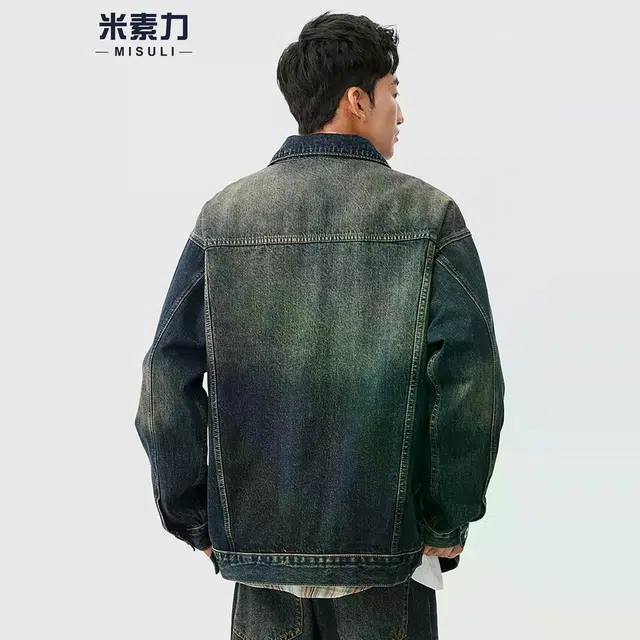 米素力 重工解构男士渐变落肩袖长袖翻领宽松型牛仔外套 男女同款