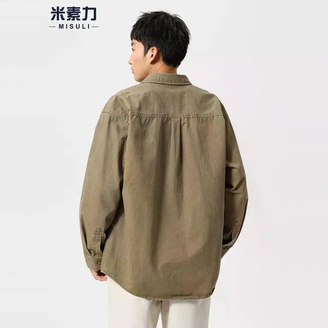 米素力 宽松复古工装纯色落肩袖长袖潮衬衫 男女同款