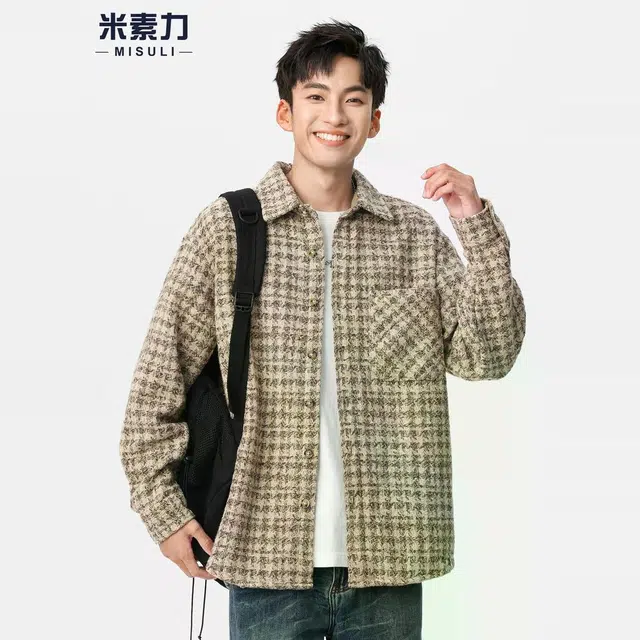 米素力 重磅格子衬衫式落肩袖宽松型休闲风夹克 男女同款