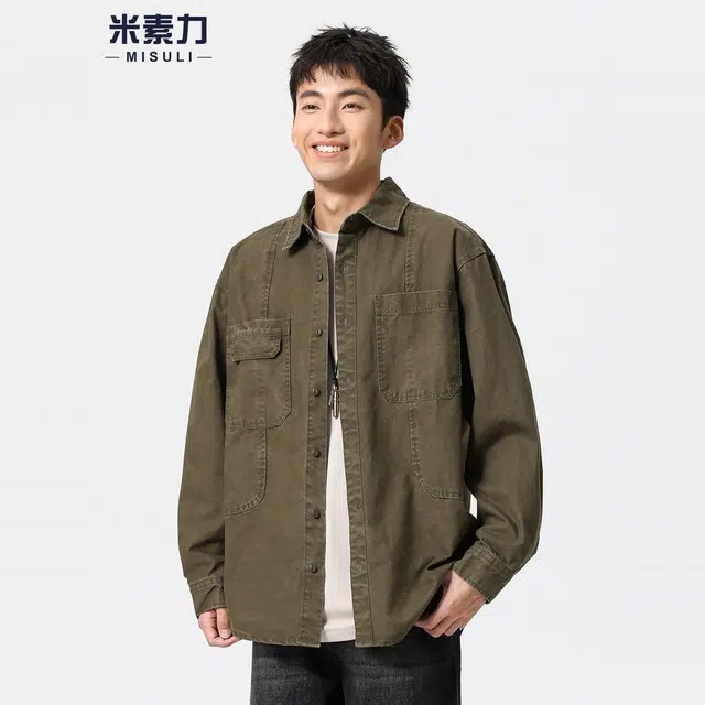 米素力 复古水洗做旧工装线条落肩袖长袖美式衬衫 男女同款