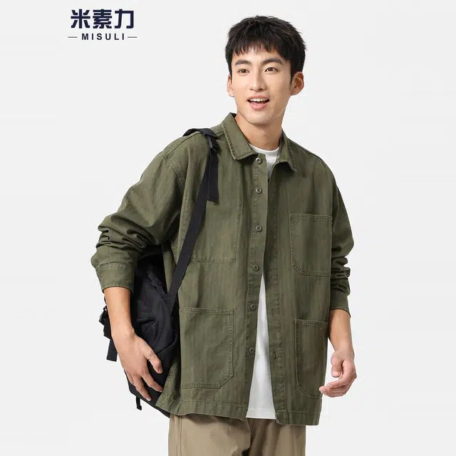 米素力 复古翻领时尚纯色落肩袖长袖衬衫 男女同款