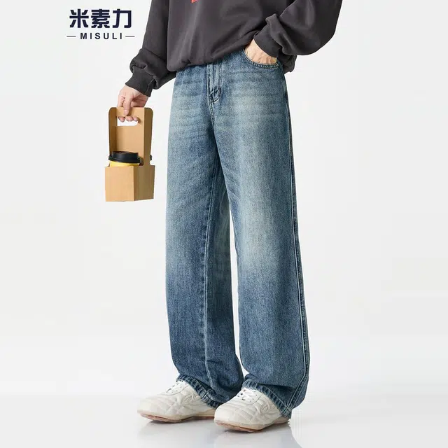 米素力 直筒春秋宽松复古中腰牛仔裤 男女同款