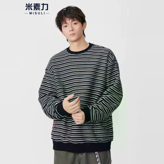 米素力 重磅条纹圆领复古刺绣落肩袖潮套头卫衣 男女同款