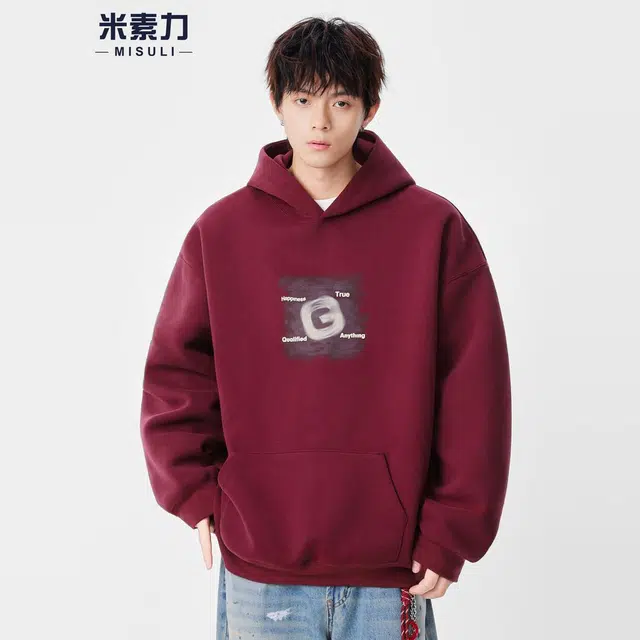 米素力 连帽设计感印花字母落肩袖潮套头卫衣 男女同款