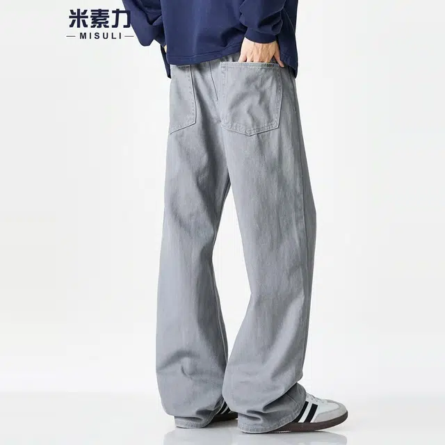 米素力 宽松痞帅垂感纯色直筒潮流中腰牛仔裤 男女同款