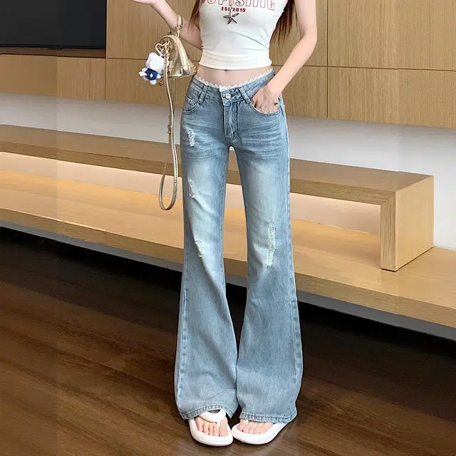 轻迎 设计感低腰秋季修身休闲牛仔裤 女款