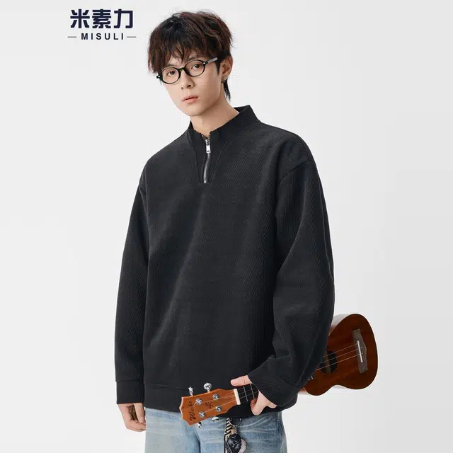米素力 半拉链立领秋季粗条纹落肩袖潮套头卫衣 男女同款