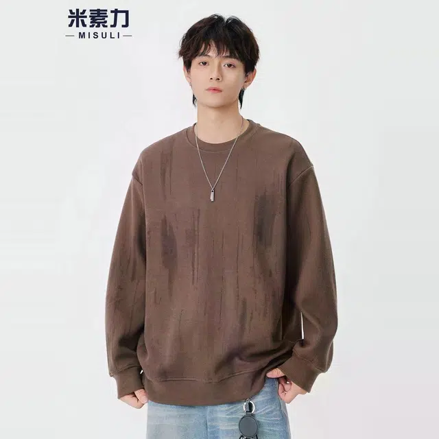米素力 复古条纹圆领几何落肩袖潮套头卫衣 男女同款