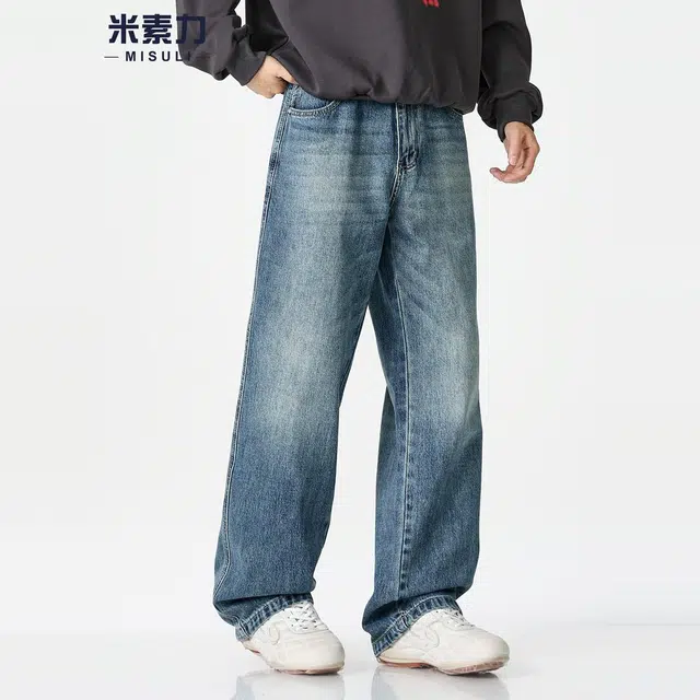 米素力 直筒春秋宽松复古中腰牛仔裤 男女同款