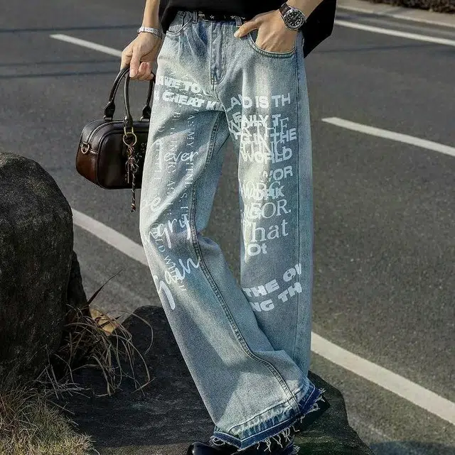 地界二 美式复古字母印花男小众潮牌痞帅宽松直筒裤子时尚百搭复古字母印花小众宽松潮流中低腰长裤牛仔裤 男款