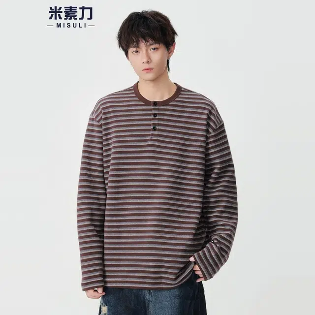 米素力 宽松日系圆领条纹落肩袖长袖潮套头卫衣 男女同款