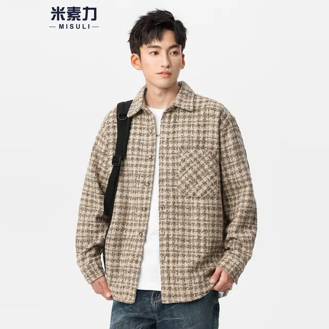 米素力 重磅格子衬衫式落肩袖宽松型休闲风夹克 男女同款