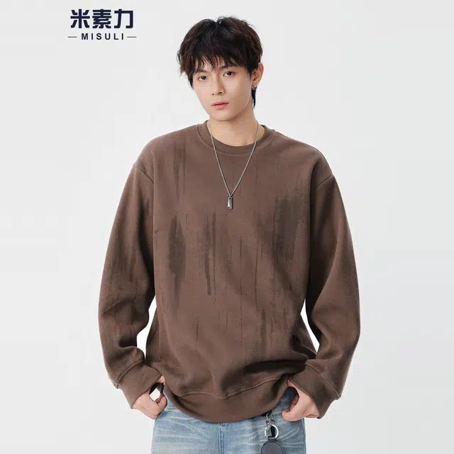 米素力 复古条纹圆领几何落肩袖潮套头卫衣 男女同款