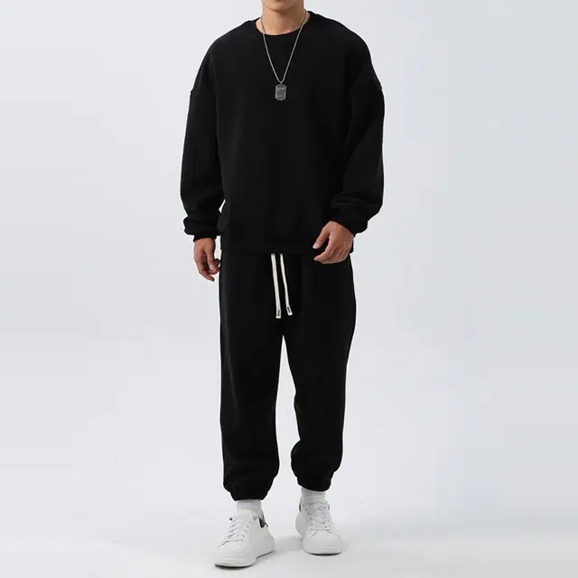 邦固依品 美式休闲运动男加厚摇粒绒二件套健身秋冬季圆领加绒长裤卫衣套装 男款