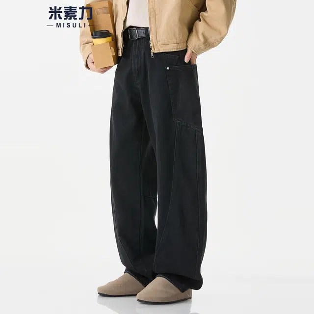 米素力 多口袋弯刀轻奢宽松中腰牛仔裤 男款