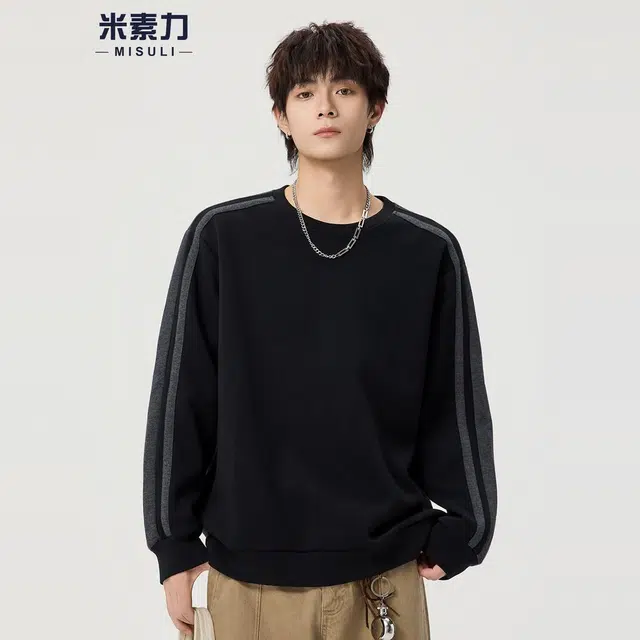米素力 拼色百搭设计感落肩袖潮套头卫衣 男女同款
