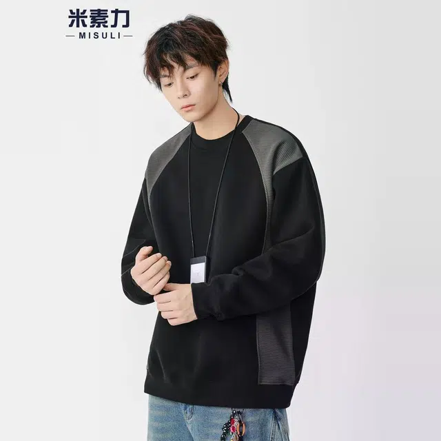 米素力 高级感圆领重磅拼色落肩袖潮套头卫衣 男女同款