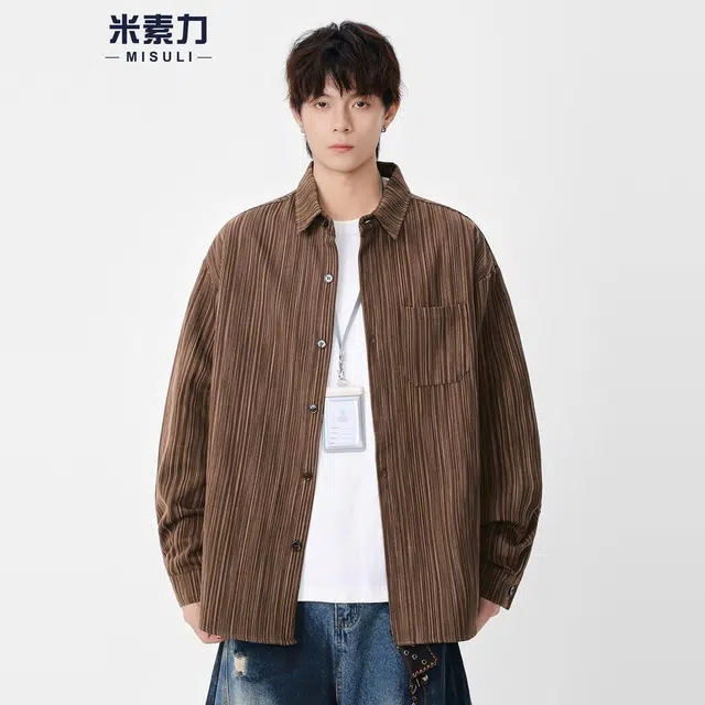 米素力 提花春秋季美式条纹落肩袖长袖潮衬衫 男女同款