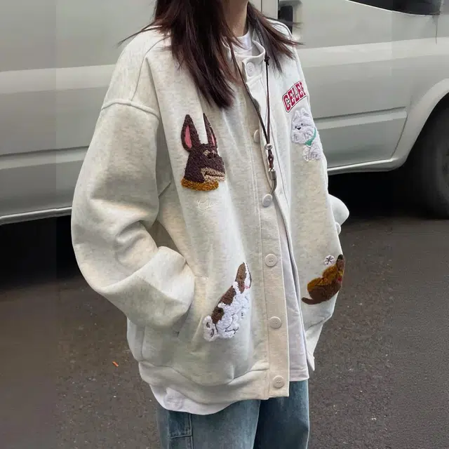 轻迎 美式复古小狗刺绣卫衣百搭休闲宽松开衫外套棒球服 女款