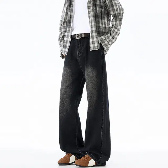 地界二 裤子男宽松水洗高街直筒美式春秋弯刀休闲长裤牛仔裤 男款