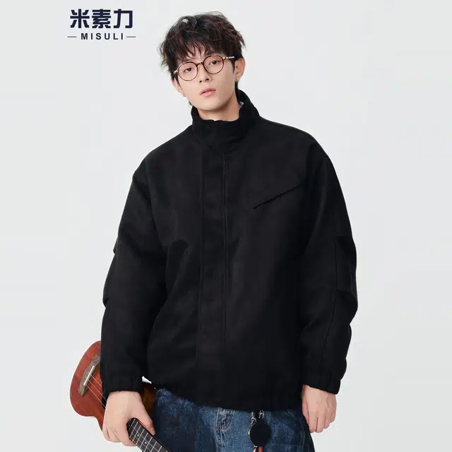 米素力 短款麂皮绒复古痞帅纯色落肩袖宽松型潮夹克 男女同款