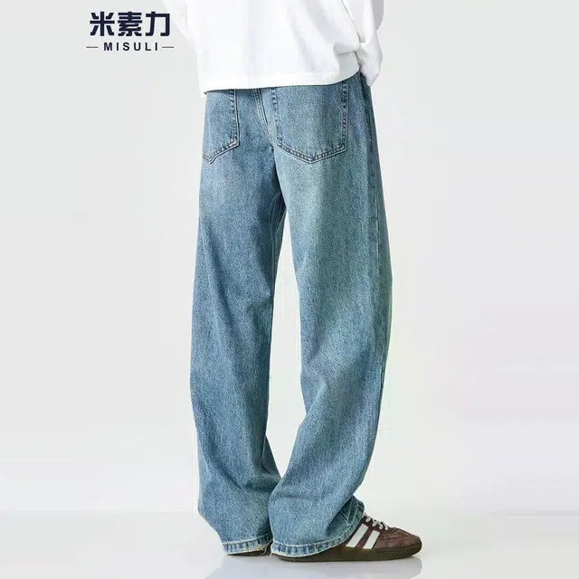 米素力 石磨水洗阔腿高端渐变宽松潮流中腰牛仔裤 男女同款
