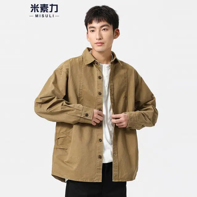 米素力 纯棉春秋款潮牌落肩袖长袖潮衬衫 男女同款
